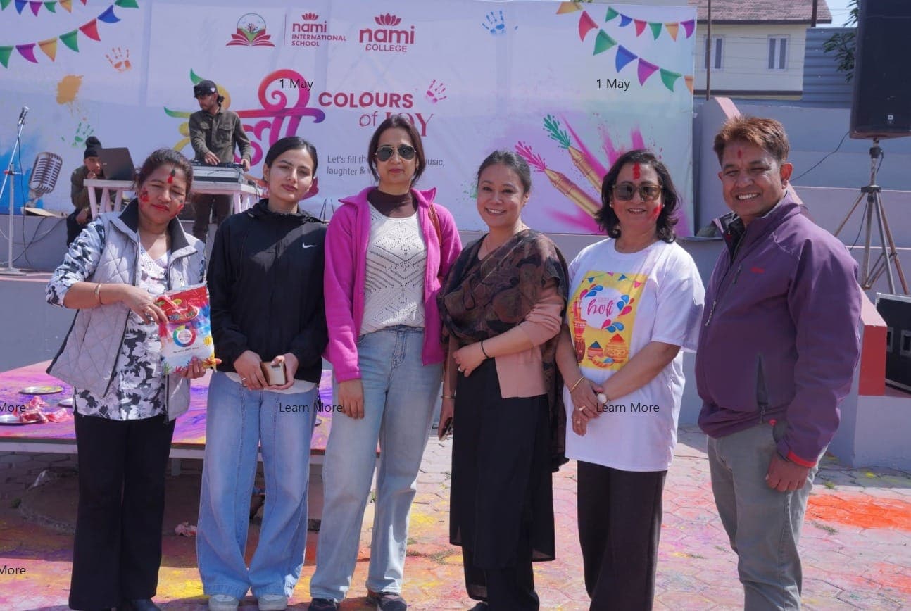 +2 cohort celebrating Spring Holi with vibrant organic colors on campus